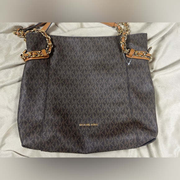 Michael Kors Brown Signature Logo Tote Gold Chain Shoulder Bag - Picture 2 of 11